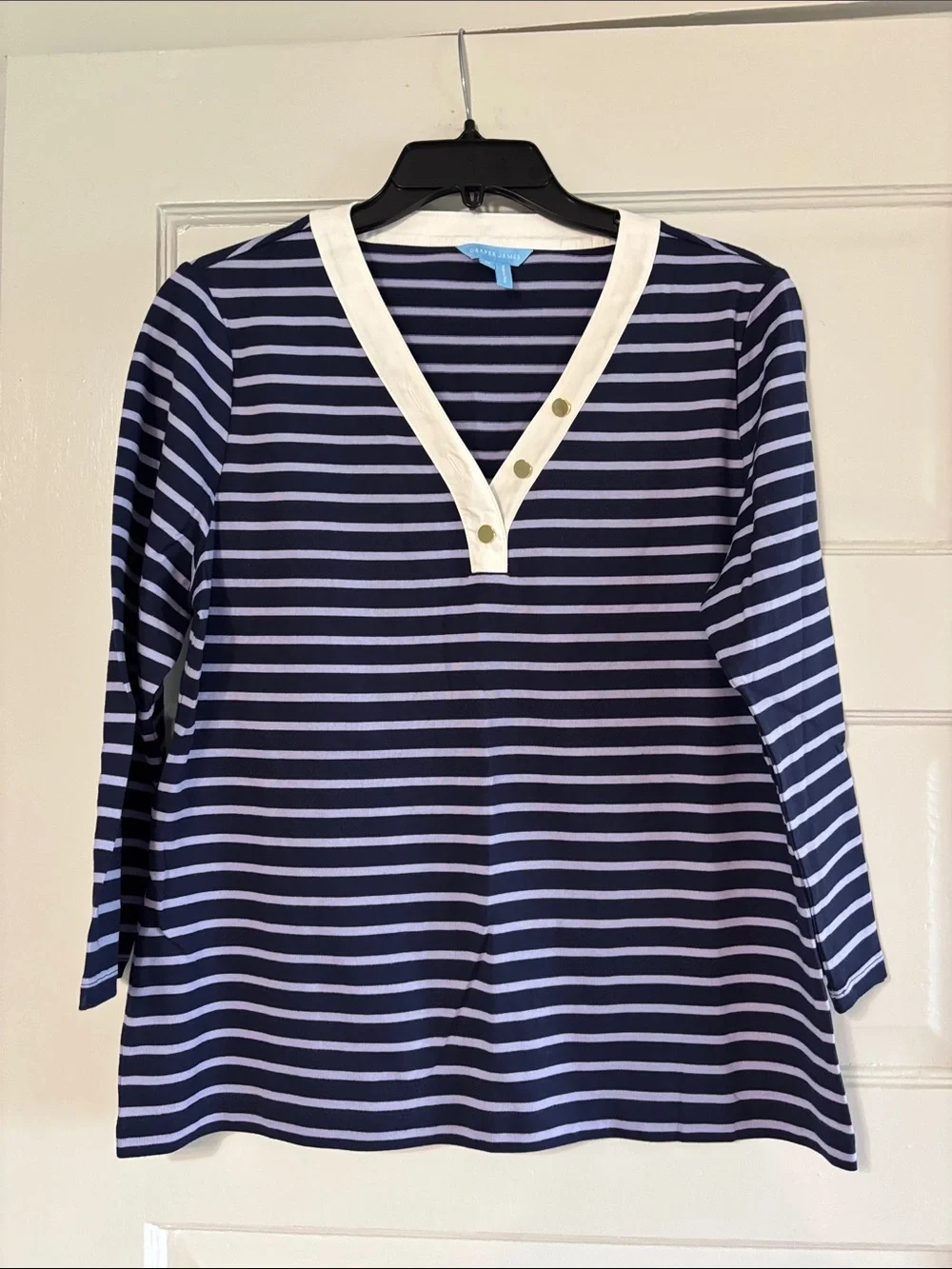 Draper James Navy and Lilac Striped V-Neck Long Sleeve Top